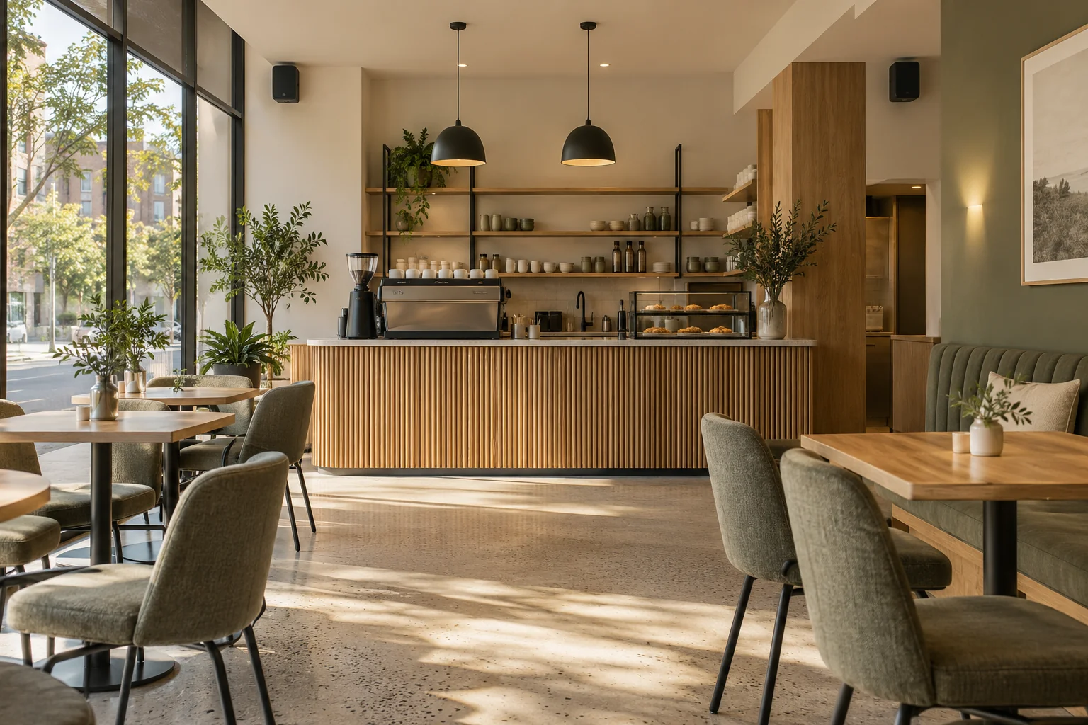 Illustrative café interior with discreet wall-mounted speakers