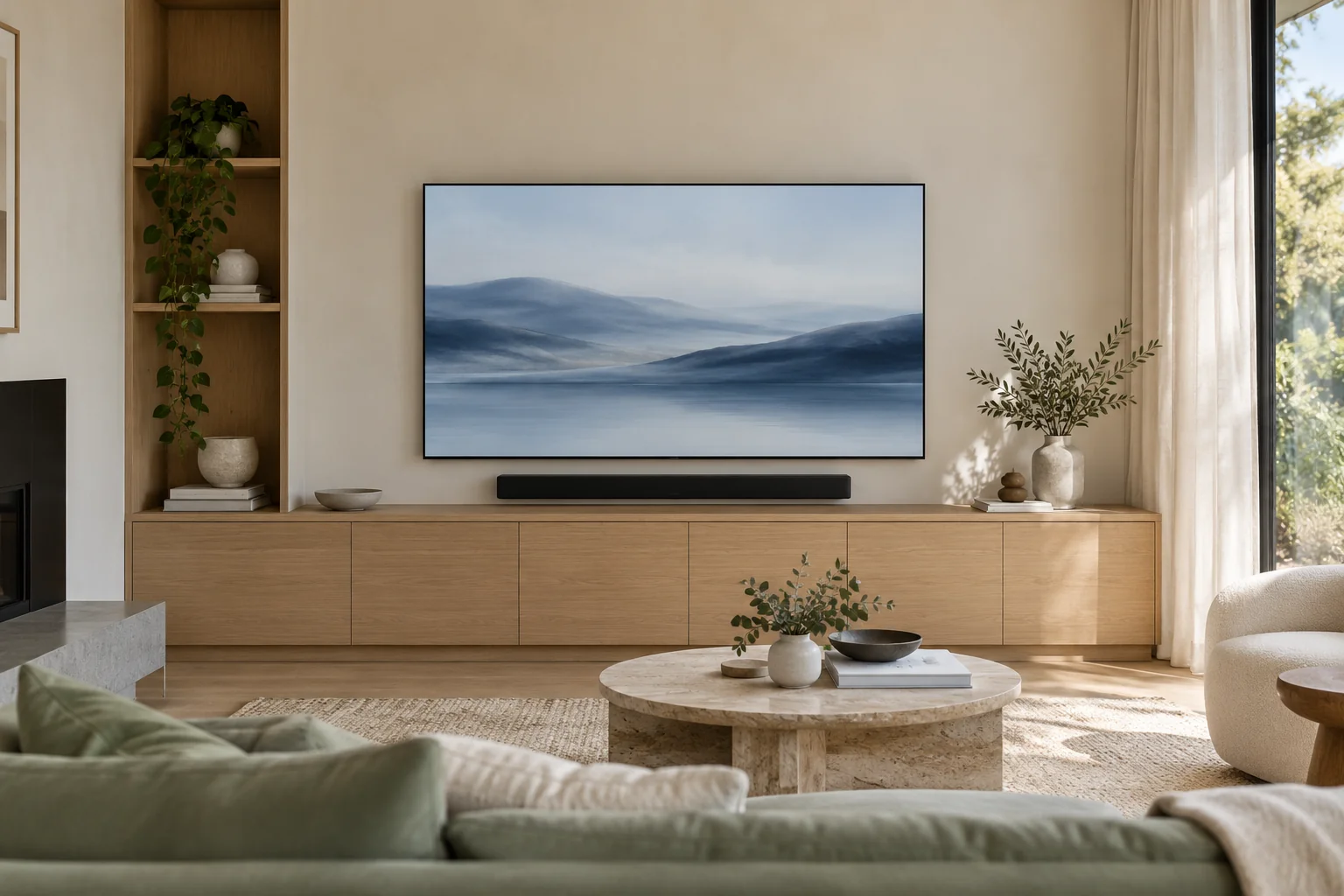 Illustrative living room with an oak television wall and discreet soundbar