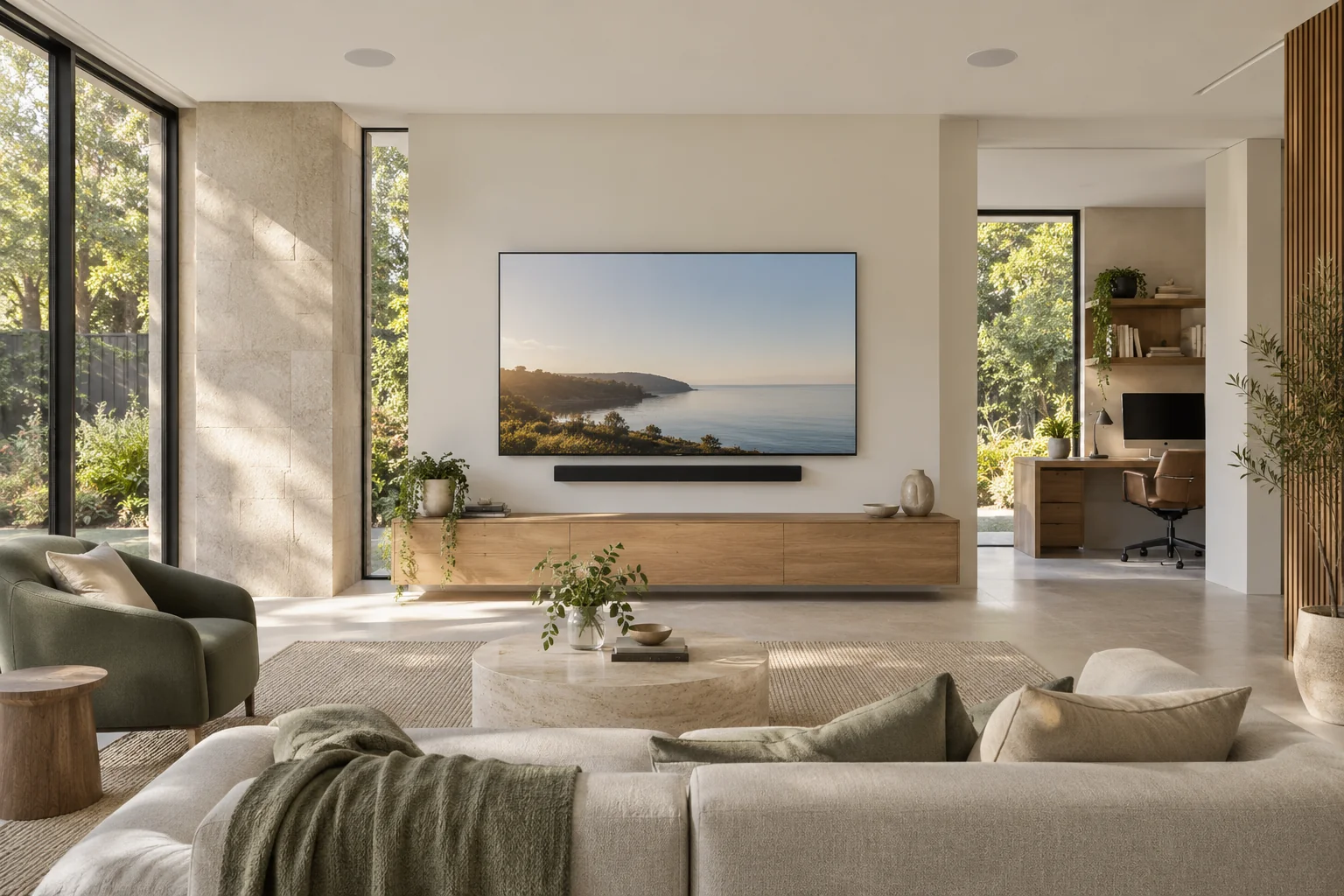 Illustrative family room with integrated television, ceiling speakers and a home office